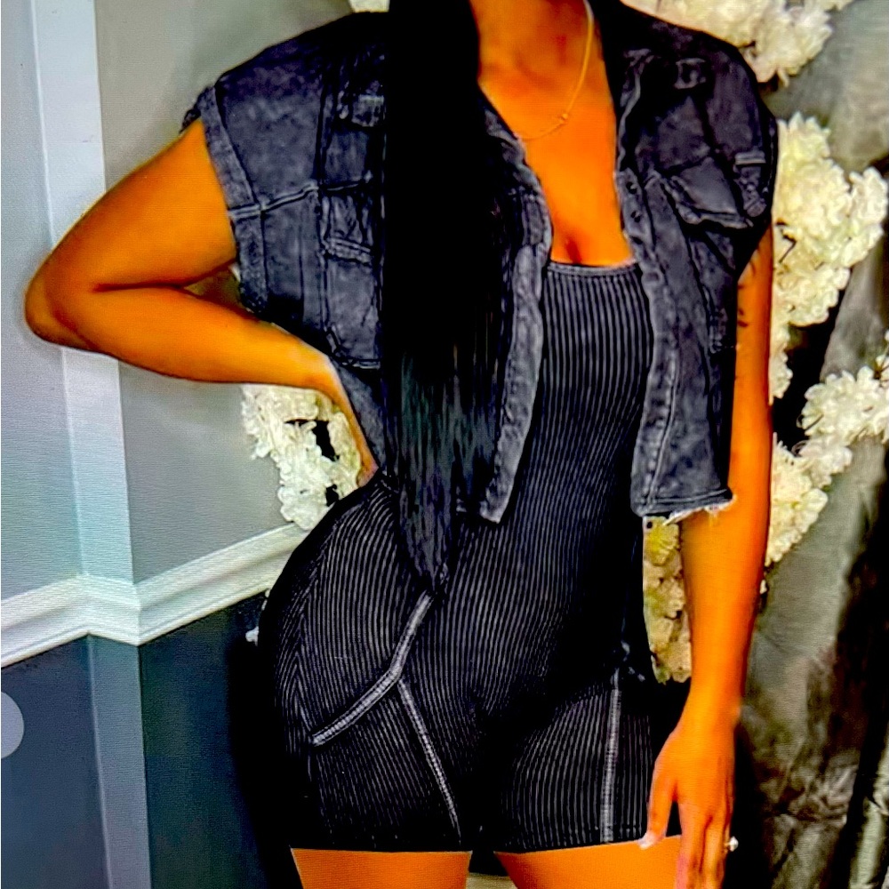 Black Denim Vest and Striped Romper